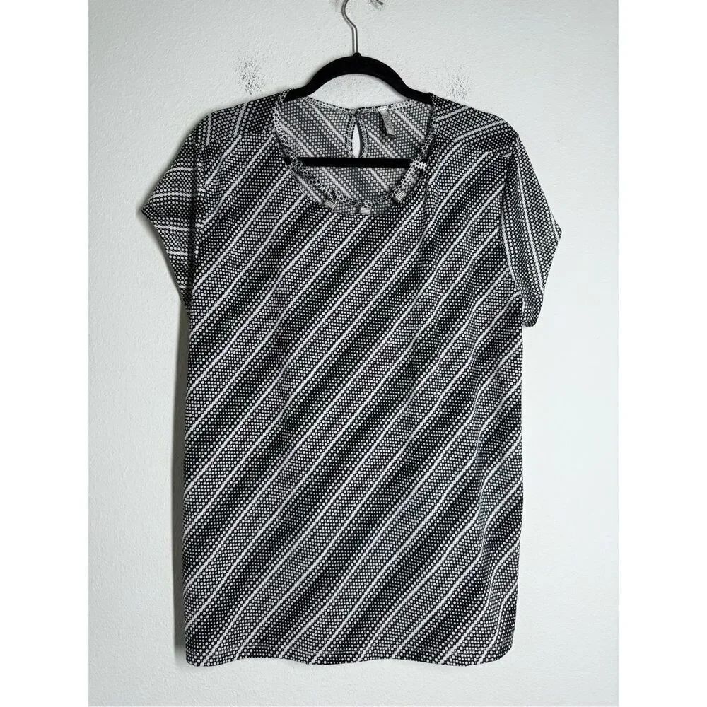 Point Women’s Travalers Top Tunic Blouse Strap Trim Collar Black White Size 3XL